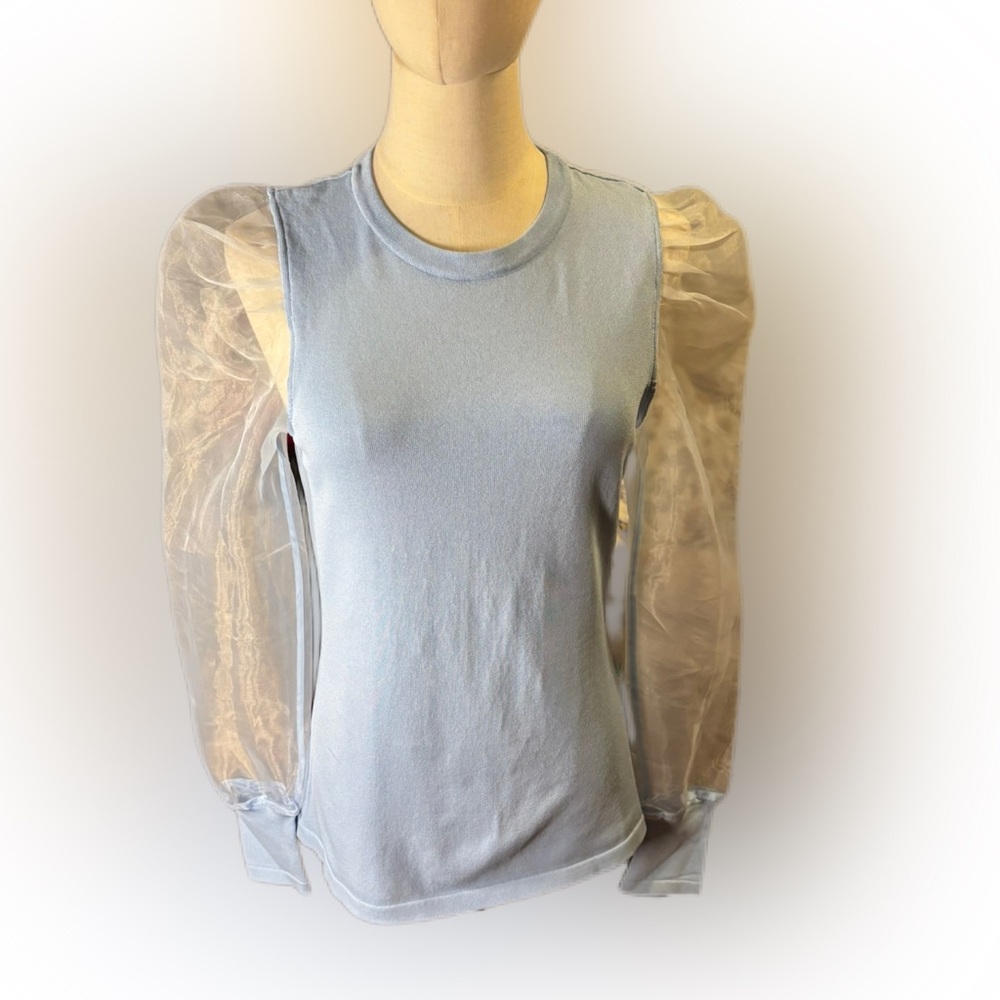 La Cite Light Blue Knit Top Organza Puff Sleeves S